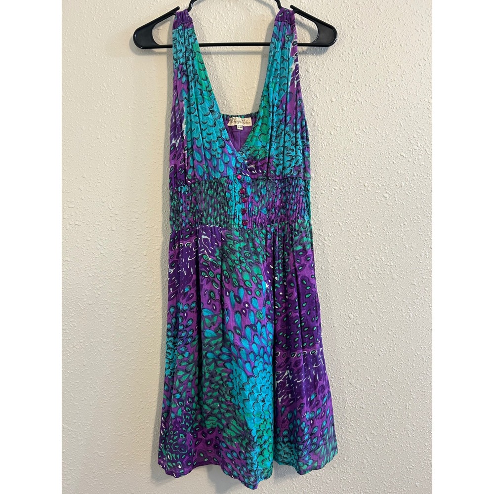 Fairycore Hippie Boho Womens Purple Teal Peacock Cotton Smocked Waist Dress S/M